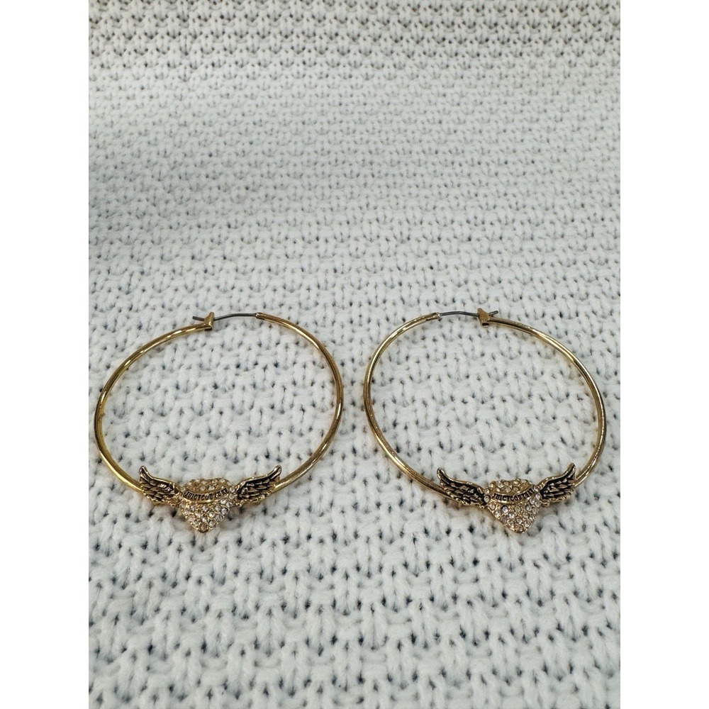 Juicy Couture Gold Tone Rhinestone Winged Heart Hoop Earrings